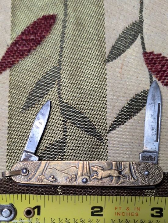 imperial Other - Men's Hunting-Scene Pocket Knife - Brass Tone, Dual Blade